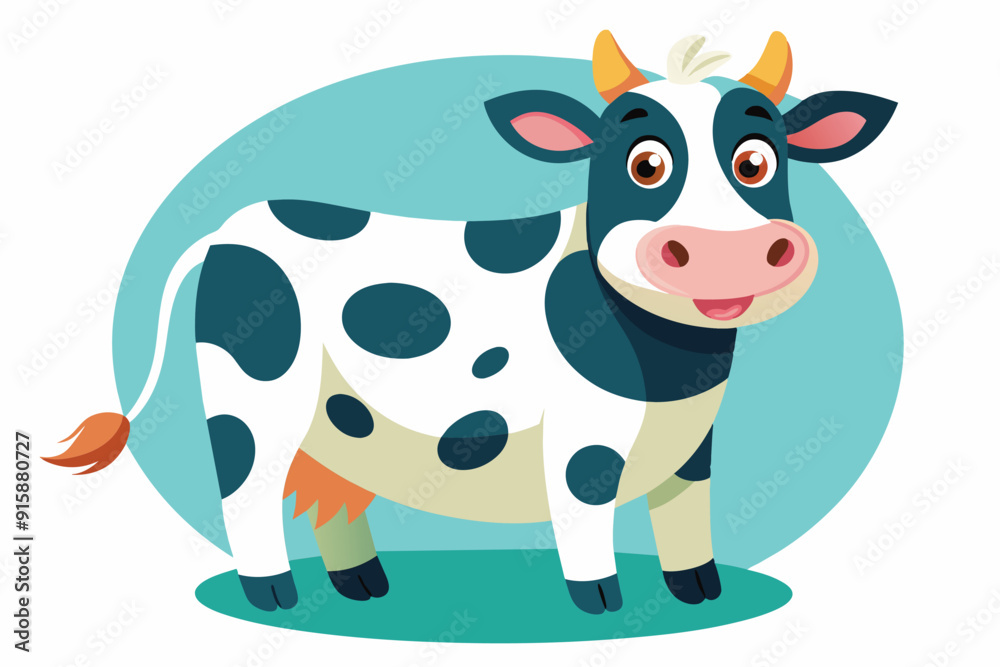 A cheerful dairy cow with spots stands in a bright pasture, exuding a whimsical charm and playfulness under a sunny sky A cheerful dairy cow with spots stands in a bright pasture, exuding a whimsical charm and playfulness under a sunny sky