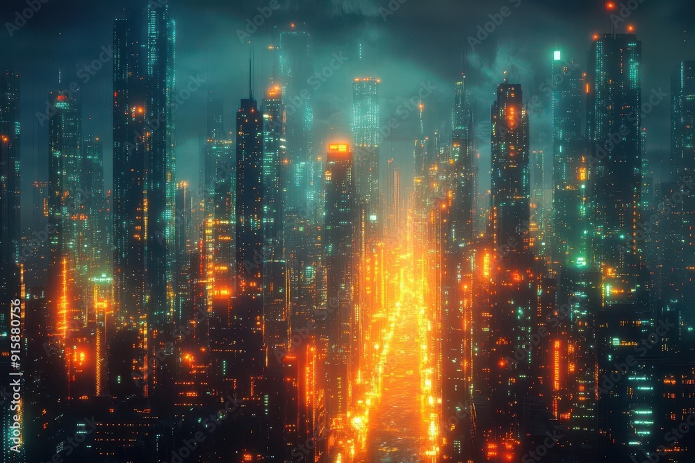 Fototapeta premium abstract digital landscape of glowing circuit patterns forming a vast metropolis streams of data flow like rivers between towering structures of pure energy and information