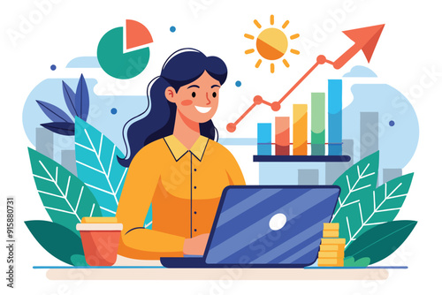 A woman is engaged in analyzing growth data using her laptop, surrounded by graphics and plants in a vibrant workspace during daytime