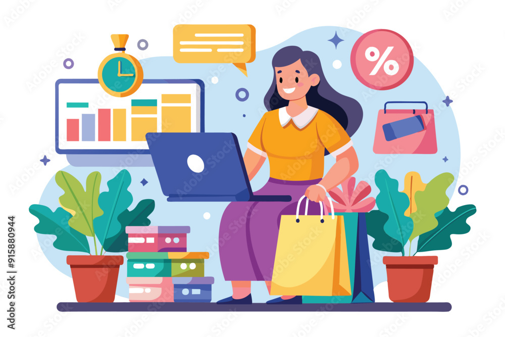 A woman smiles while using a laptop to shop online, surrounded by colorful shopping bags and plants, indicating a cozy shopping experience A woman smiles while using a laptop to shop online, surrounded by colorful shopping bags and plants, indicating a cozy shopping experience