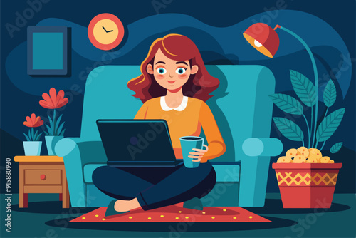 A woman sits comfortably on a sofa, focused on her laptop, enjoying a movie while sipping a drink in a cozy, well-decorated living room