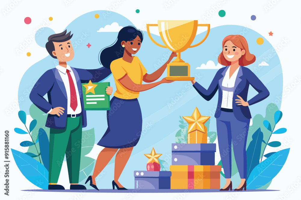 A woman smiles brightly as she receives a trophy from a colleague at a celebration, surrounded by colorful gifts and decorations A woman smiles brightly as she receives a trophy from a colleague at a celebration, surrounded by colorful gifts and decorations