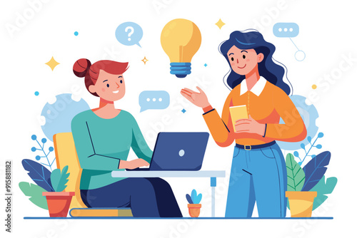 One woman shares a bright idea with her colleague while they work together in a vibrant office environment