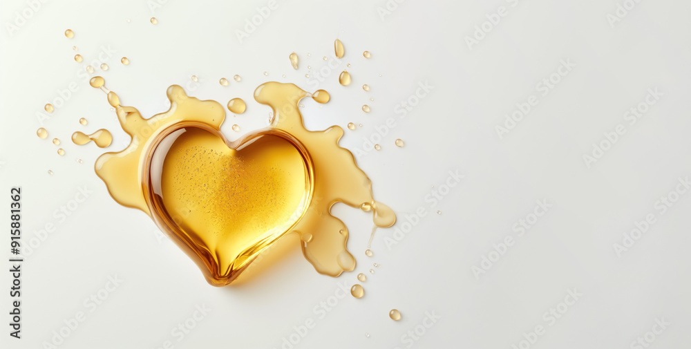 Oil or yellow coloured liquid capsule in shape of heart. Detail from above with copy space on side. Generative AI