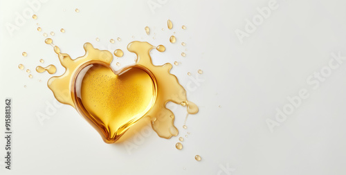 Obraz na płótnie Oil or yellow coloured liquid capsule in shape of heart. Detail from above with copy space on side. Generative AI w salonie