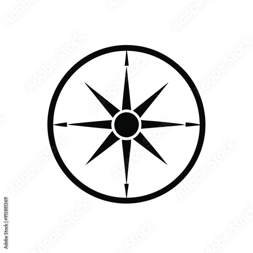 simple black and white compass wind rose icon vector art illustration, isolated white background 