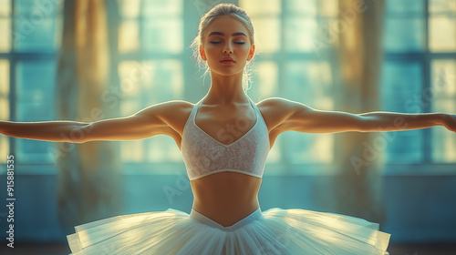 Graceful Ballerina in Tutu Posing with Outstretched Arms in Dance Studio for Ballet and Dance Photography Themes photo