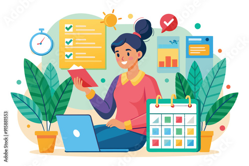 A woman sits comfortably on the floor, happily arranging her daily schedule while surrounded by greenery and colorful planning materials