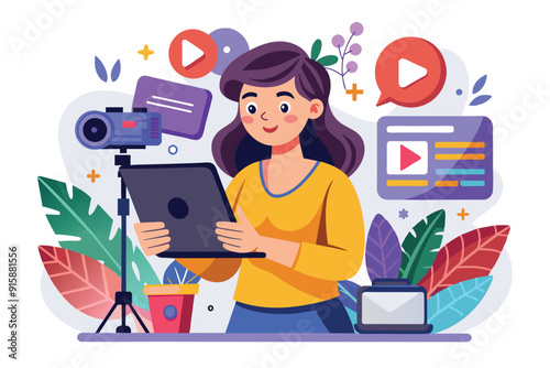 A woman is focused on creating engaging content on her tablet surrounded by vibrant decorations and multimedia equipment