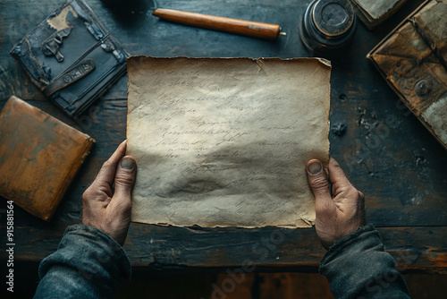 A man holding an old letter, reliving the emotions of the past. photo