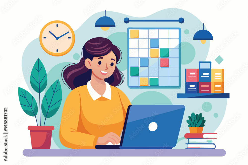 A woman is focused on organizing work schedules using her laptop in a bright and cheerful home office environment A woman is focused on organizing work schedules using her laptop in a bright and cheerful home office environment