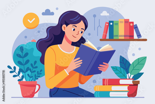 A woman enjoys reading a guidebook in a cozy room filled with plants and colorful books, relaxing on a sunny day