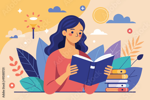 A woman reads a guidebook, deeply focused, amidst a colorful backdrop of leaves and soft pastel shapes, creating a tranquil atmosphere