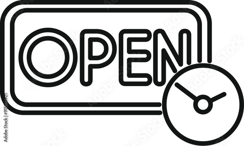 Line icon of a clock showing opening hours next to an open sign
