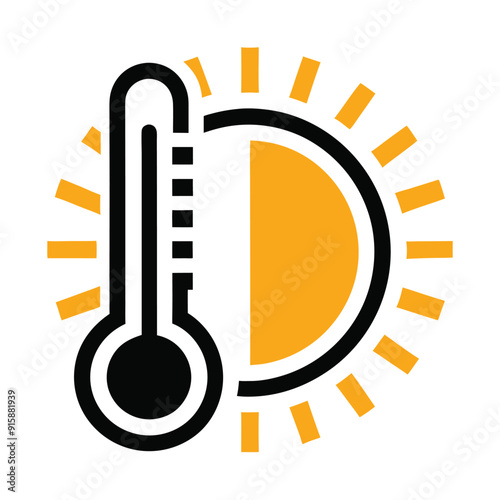 weather temperature icon with sun shape and air thermometer vector art illustration, isolated white background