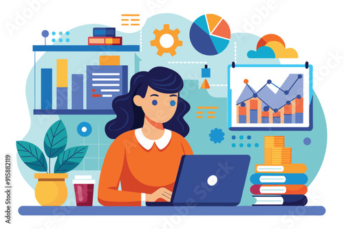 A professional woman is focused on managing data through her laptop while surrounded by charts, graphs, and stacks of books in her workspace