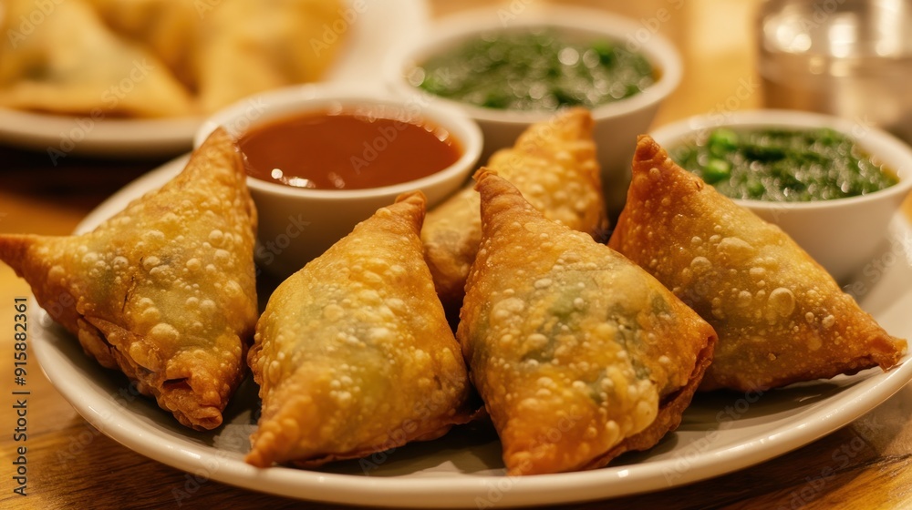 Close-up of a plate of samosas with dips Close-up of a plate of samosas with dips
