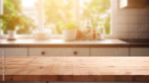 A warm kitchen scene with a wooden table and a blurred background of plants and bottles.