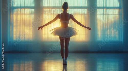 Ballerina Performing Ballet Pose in Dance Studio with Sunlit Windows for Graceful and Artistic Photography Themes photo