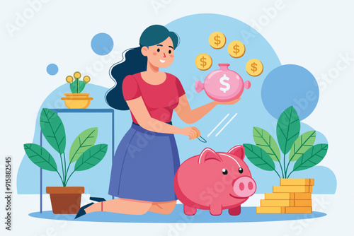 A woman kneels to save coins in a piggy bank while brightening her living space with plants and a vibrant atmosphere