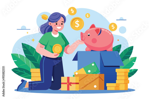 A woman joyfully adds coins to a piggy bank while surrounded by colorful boxes and money, illustrating her commitment to saving