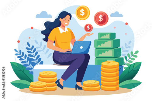 A woman sits comfortably on a pile of coins, using her laptop to calculate her income in a colorful and inspiring workspace