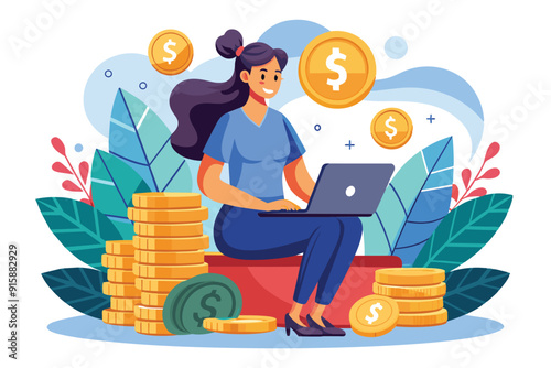 A woman is seated amidst stacks of coins, using a laptop to calculate her income in a vibrant, plant-filled workspace