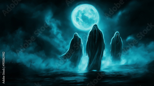 Spooky Ghosts Under Full Moon in Misty Forest for Halloween and Supernatural Horror Themes photo
