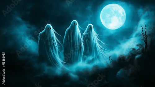 Spooky Ghosts Under Full Moon in Misty Forest for Halloween and Supernatural Horror Themes photo