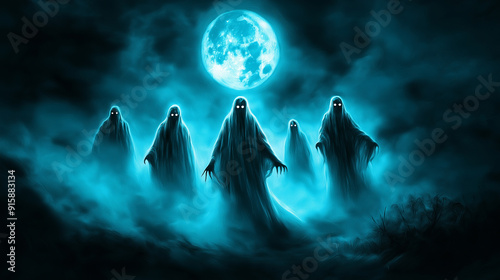 Spooky Ghosts Under Full Moon in Misty Forest for Halloween and Supernatural Horror Themes photo
