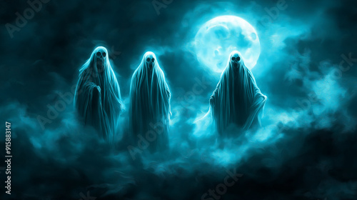 Spooky Ghosts Under Full Moon in Misty Forest for Halloween and Supernatural Horror Themes photo