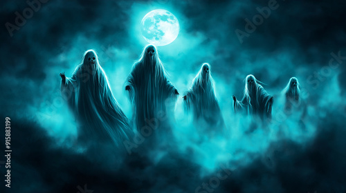 Spooky Ghosts Under Full Moon in Misty Forest for Halloween and Supernatural Horror Themes photo
