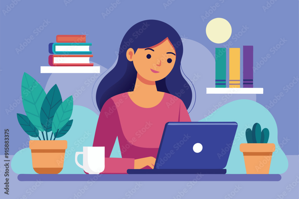 A woman sits at a desk, engaged with her laptop, surrounded by plants and books, enjoying a productive moment in her bright home workspace A woman sits at a desk, engaged with her laptop, surrounded by plants and books, enjoying a productive moment in her bright home workspace