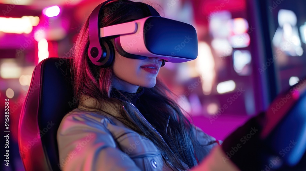 Woman Experiencing Virtual Reality Gaming Woman Experiencing Virtual Reality Gaming