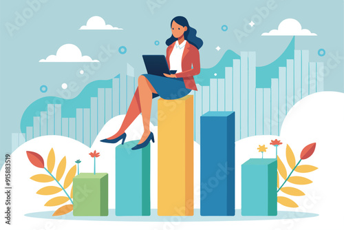 A working woman engages with her laptop while perched on vibrant bar graph columns in a contemporary office environment, analyzing important data
