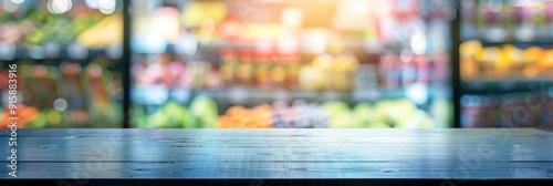 Empty glass table top with blurred supermarket background for product display