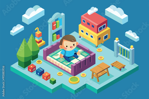 A cheerful baby enjoys sitting on a colorful bed within a vibrant isometric playroom adorned with toys and greenery