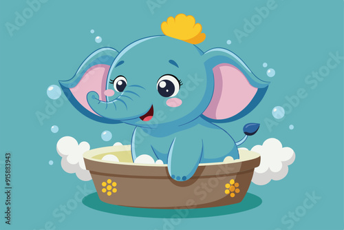 A happy baby elephant plays in a tub filled with bubbles, splashing water and enjoying bath time with a playful expression