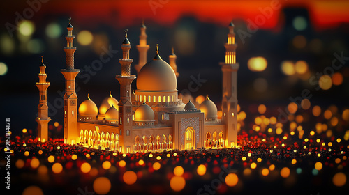 Beautifully Lit Mosque at Night with Glowing Lights for Islamic Architecture and Religious Celebration Themes photo