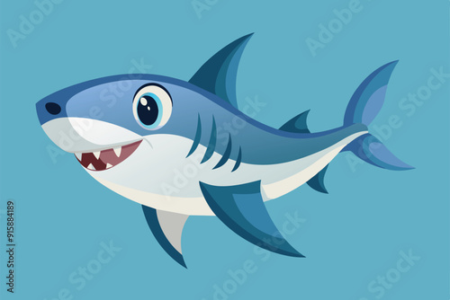 A cheerful blue cartoon shark swimming against a bright background, ideal for various creative projects, especially for children’s themes and education