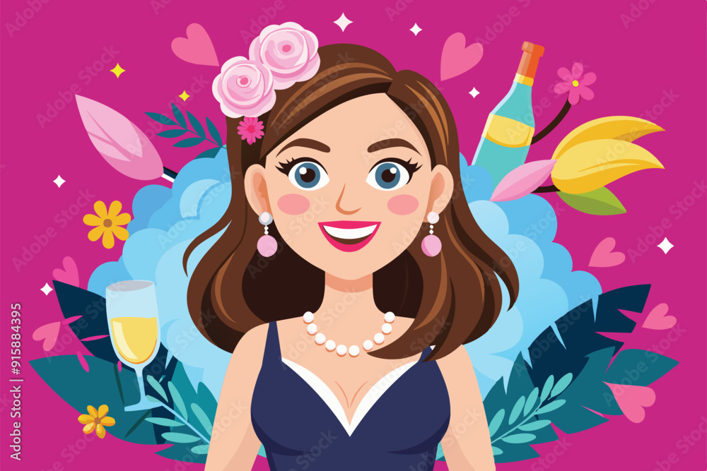 A cheerful woman celebrates her bachelorette party surrounded by colorful decorations, drinks, and floral accents, enjoying a lively atmosphere with friends A cheerful woman celebrates her bachelorette party surrounded by colorful decorations, drinks, and floral accents, enjoying a lively atmosphere with friends