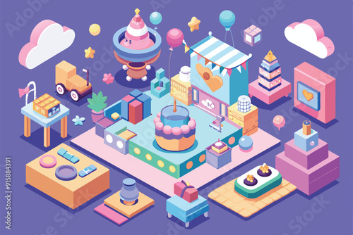 Explore a delightful isometric design showcasing a baby shower filled with colorful decorations, cake, balloons, and playful party elements