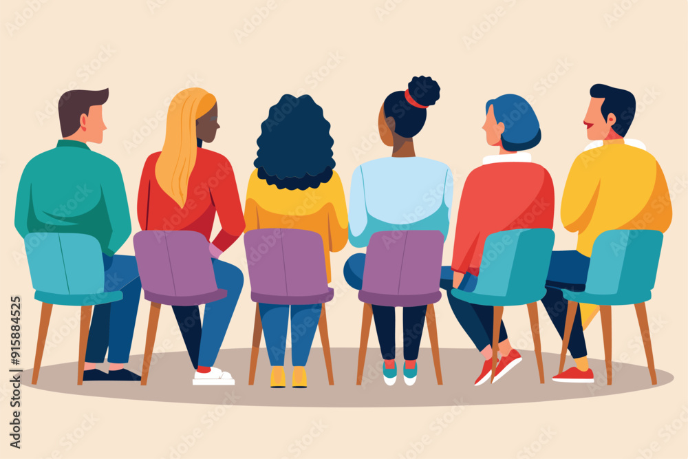 Fototapeta premium A diverse group of individuals is seated in colorful chairs engaged in a collaborative discussion, fostering creativity and connection in a modern atmosphere