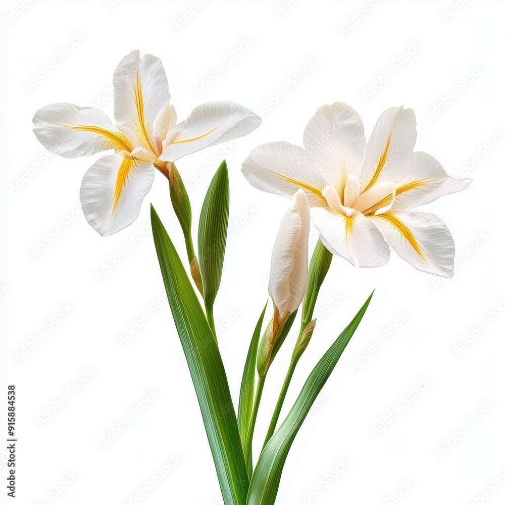 Fototapeta premium African iris Dietes bicolor with white petals and yellow markings on a plain white background