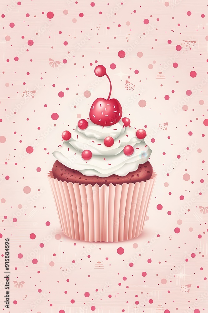 A delightful birthday card design featuring a cupcake with cherry on top A delightful birthday card design featuring a cupcake with cherry on top