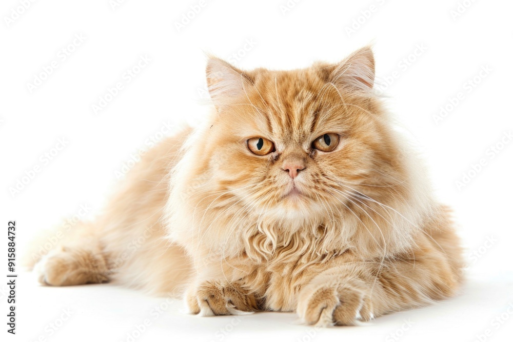 Fototapeta premium A domestic cat lying down on a white background, with soft fur and a relaxed expression