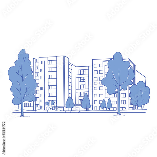 Simple sketch of a campus with trees and buildings.
