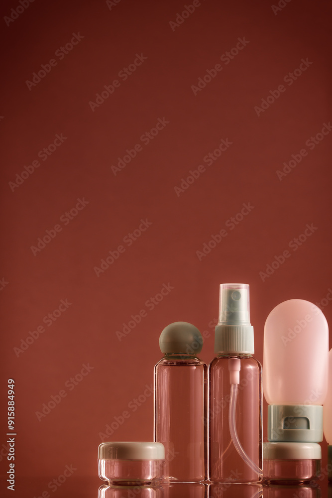 Means for face and body care. A complex of organic care products. Bottles for the transportation of cosmetics traveling by plane. Brown color scheme. Means for face and body care. A complex of organic care products. Bottles for the transportation of cosmetics traveling by plane. Brown color scheme.