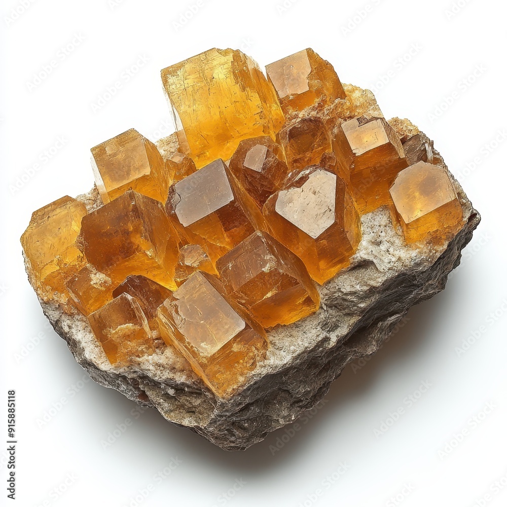 Scapolite crystal cluster with vibrant yellow hues against a white background Scapolite crystal cluster with vibrant yellow hues against a white background