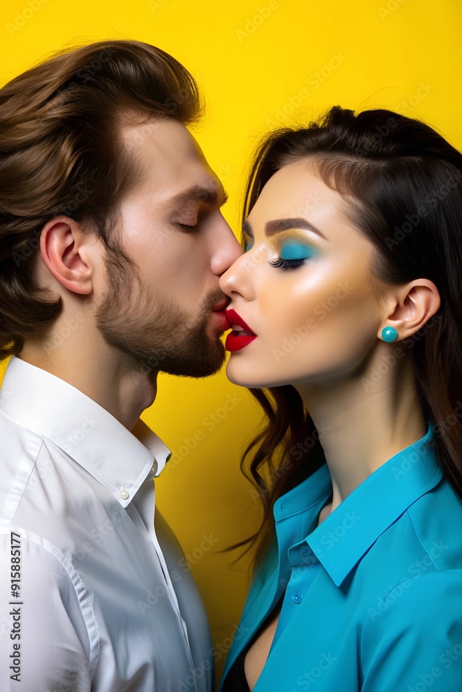 Beautiful young couple in love, man and woman kissing on yellow background Beautiful young couple in love, man and woman kissing on yellow background